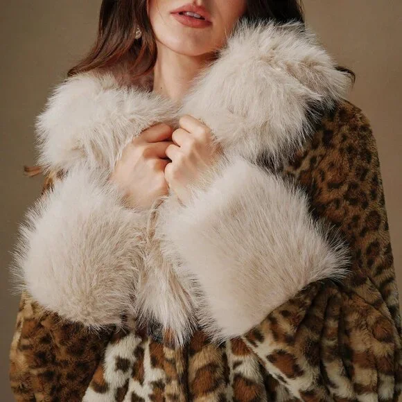 Brown Casual Women's Faux Fur Leopard Print Trim A-Line Waist Long Women's Coat - Picture 2 of 5